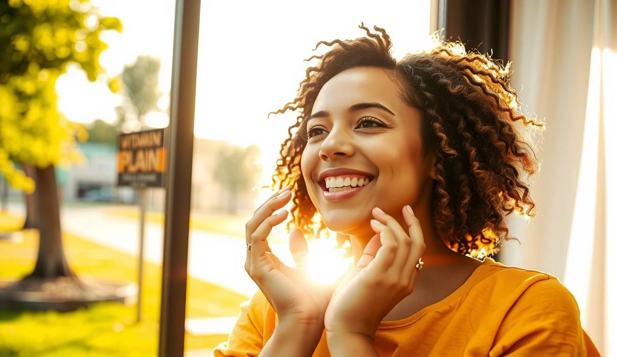 Una persona sonriendo mientras toma el sol, simbolizando la absorción de vitamina D y el bienestar.