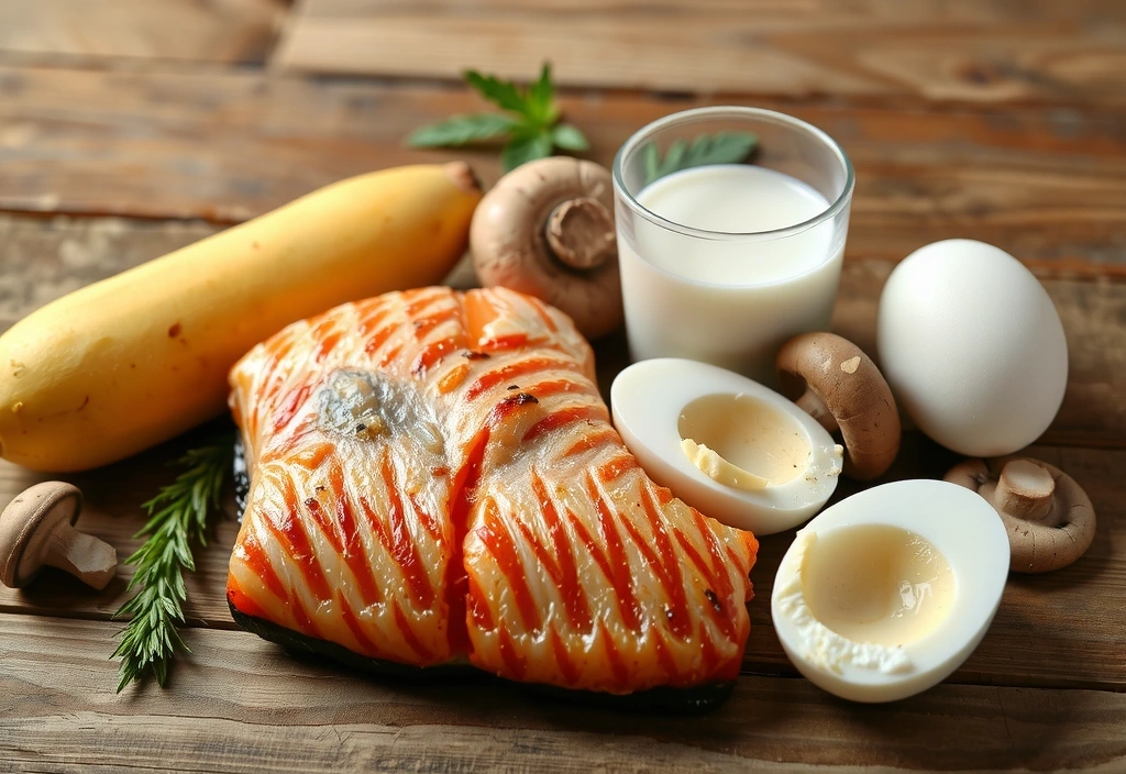 Variedad de alimentos ricos en vitamina D como salmón, huevos y leche fortificada.