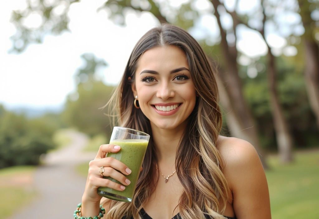 Mujer sonriente bebiendo un batido verde en un entorno natural, simbolizando salud y bienestar.