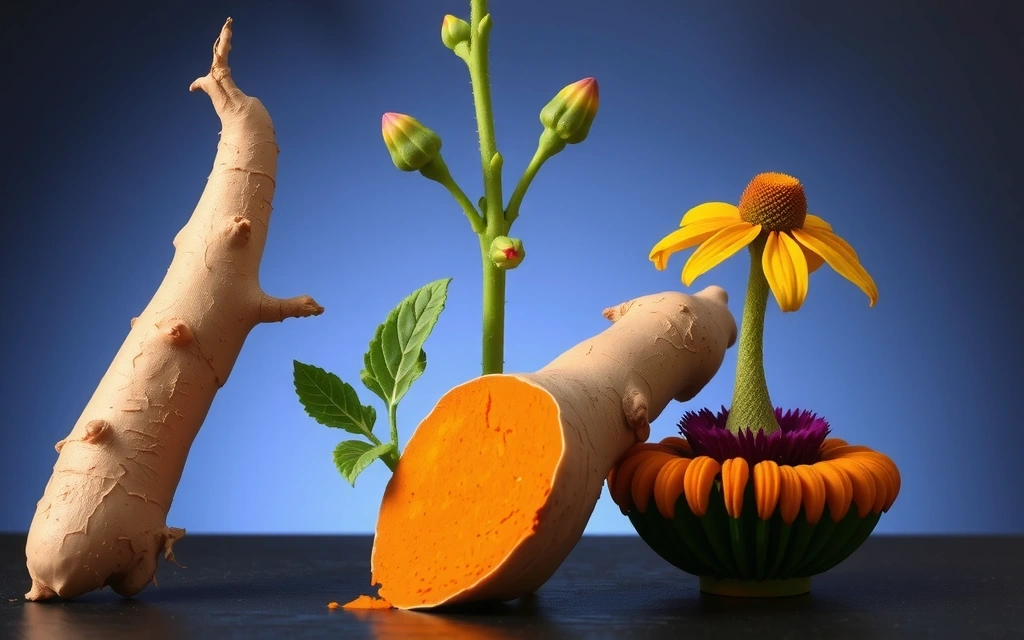 Plantas de cúrcuma, ginseng y equinácea, cada una con sus raíces y flores distintivas, en un diseño botánico elegante.