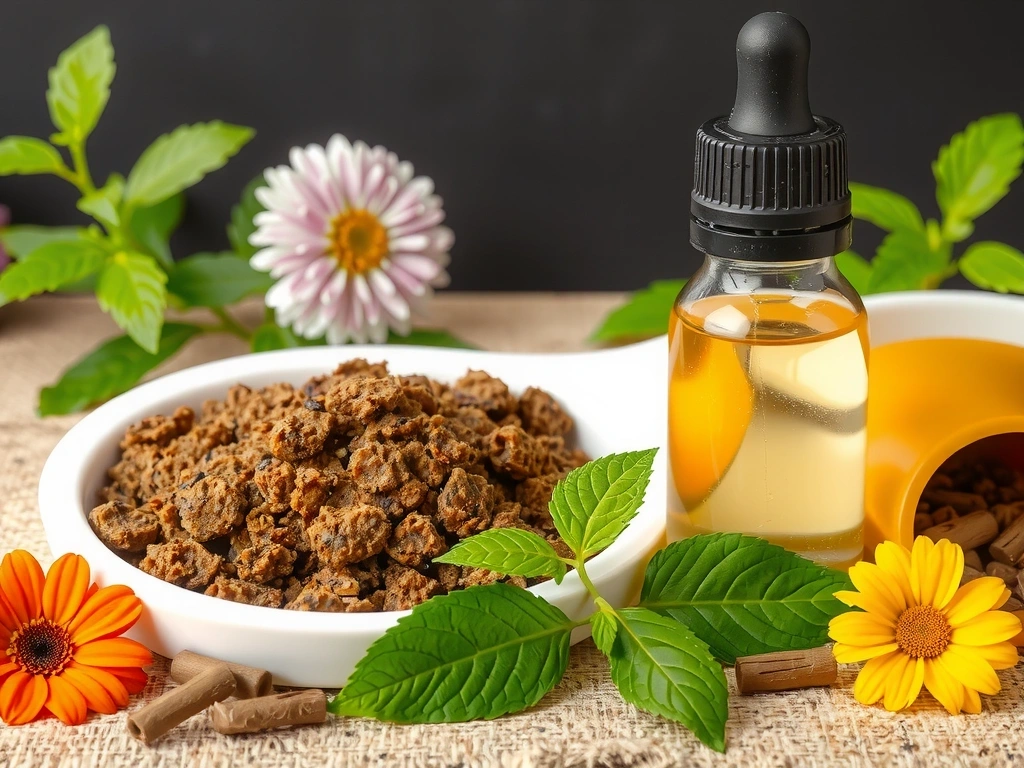 Variedad de extractos vegetales en frascos de vidrio, con hojas verdes y flores alrededor, simbolizando el poder curativo de la naturaleza.