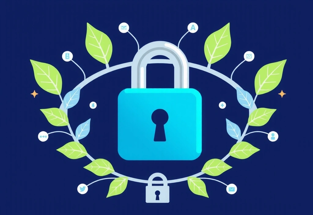 Ilustración de un candado digital con hojas de privacidad y datos seguros
