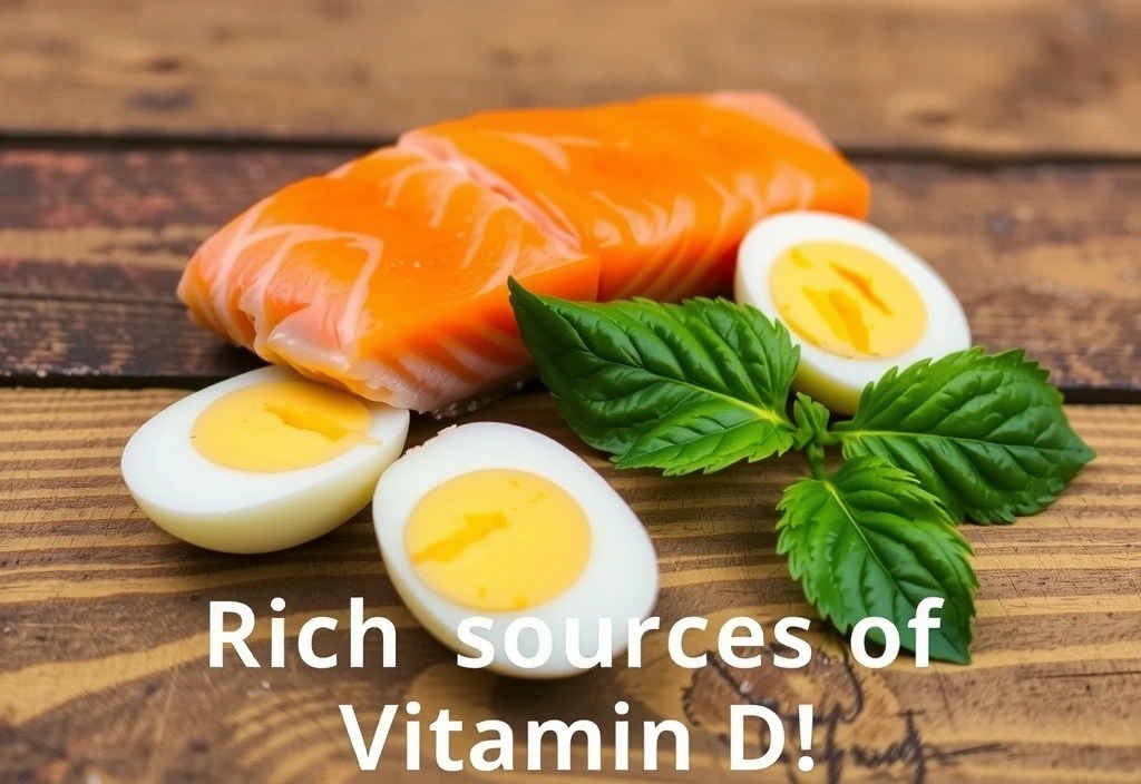 Pescado graso (salmón) y huevos, fuentes ricas en Vitamina D, sobre un fondo rústico.