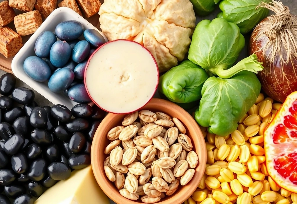 Una variedad de legumbres, cereales integrales y vegetales de hoja verde, representando las Vitaminas del Grupo B.